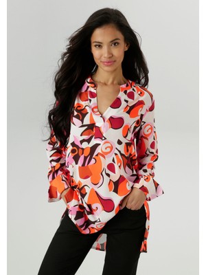 Şans Kadın Büyük Beden Renkli, Yan Yırtmaçlı Manşetli Uzun Kol, V Yaka Uzun Tunik 65N39100