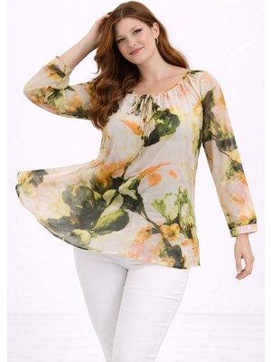 Şans Kadın Büyük Beden Renkli, Çiçek Desenli, Astarsız Dökümlü Şifon Bluz 65N39307
