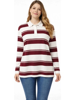 Şans Kadın Büyük Beden Bordo-Beyaz, Polo Yaka Çizgili Bluz 65N39275