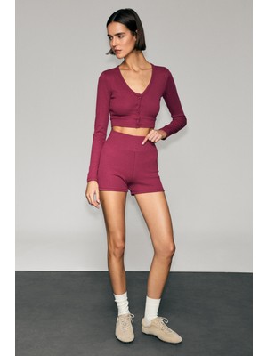 Urban Beat Sabına Kadın Yumuşak ve Esnek Kumaşlı Düğmeli Baskı Detaylı Slim Fit Bordo Bluz