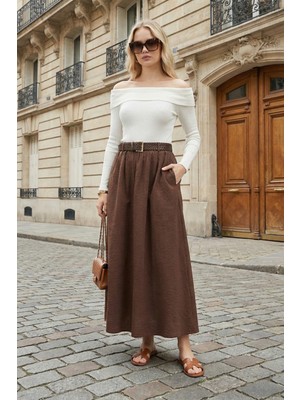 Lela Pamuklu Relaxed Fit Lastikli Bel Kemer Detaylı Midi Boy Etek Bayan Etek 6921273