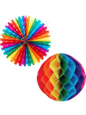 Pandoli Karışık Renk Rainbow Kağıt Yelpaze Süs ve Petek Süs 40 cm 2 Li Set Retro Hawai