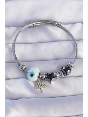 Inure Jewelry 316L Çelik Gümüş Renk Siyah Zirkon Taşlı Yıldız Tasarımlı Ağaç Detay Nazarlı Charm Bileklik
