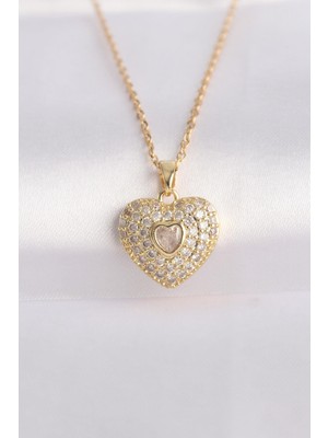 Inure Jewelry 316L Çelik Zincir Altın Renk Zirkon Taşlı Kalp Kolye