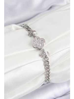 Inure Jewelry Pirinç Zirkon Taşlı Yonca Model Gümüş Renk Kadın Bileklik