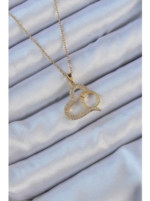 Inure Jewelry 316L Çelik Zincir Altın Renk Zirkon Taşlı Yüzüklü Kalp Kolye