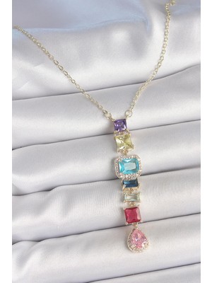 Inure Jewelry Gold Karışık Renk Zirkon Taşlı Y Pirinç Kolye