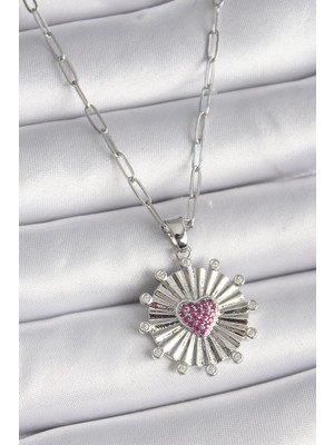 Inure Jewelry 316L Çelik Gümüş Renk Pembe Zirkon Taşlı Kalp Işleme Madalyon Model Kadın Kolye