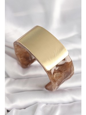 Inure Jewelry Kahverengi Mermer Desen Akrilik Platik Gold Dikdörtgen Plaka Model Vintage Kadın Bilezik