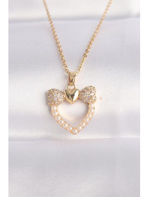 Inure Jewelry 316L Çelik Zincir Altın Renk Inci Taş Detay Zirkon Taşlı Kalp Kolye