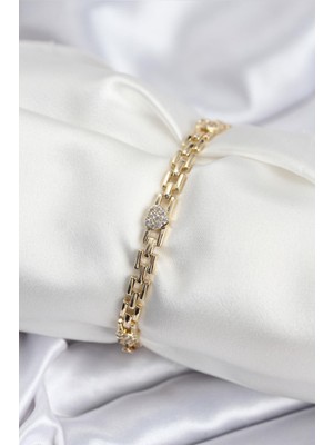 Inure Jewelry Pirinç Vıp Seri Gold Renk Zincir Model Kalpli Zirkon Taşlı Kadın Bileklik