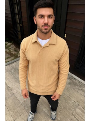 ModaSize Erkek Fitilli Polar Sweatshirt – Düğmesiz Polo Yaka, Oversize Rahat Kalıp, Kalın Polar Kumaş, Kışlık ve Baharlık Şık Günlük Üst - Bej