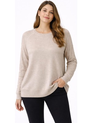 Şans Kadın Büyük Beden Vizon, Reglan Kol, Kollar Inci Detaylı, Yün Viskon Tunik 65N39278