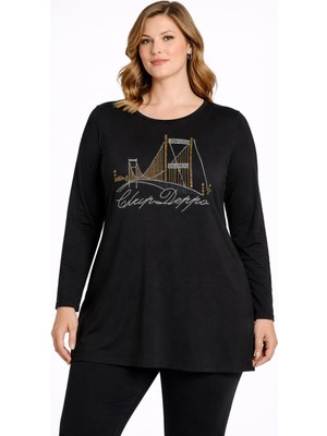 Şans Kadın Büyük Beden Siyah, Taş Baskılı Viskon Uzun Kol Bluz 65N39350