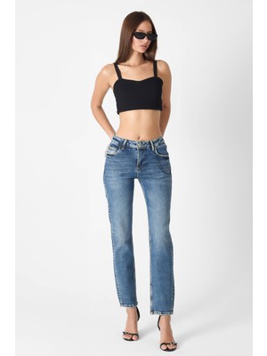 Whatsup Kadın Orta Bel Boyfriend Jean Pantolon  - Mavi Mavi - 26