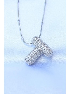 Inure Jewelry 316L Çelik Zincirli Zirkon Taşlı T Harfli Gümüş Renk Bubble Kolye