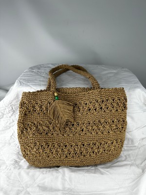 Relya Kadın Vizon Yıkanmış Kağıt Ip Örgü El Omuz Çantası En 30 cm Boy 19 cm Derinlik 15 cm