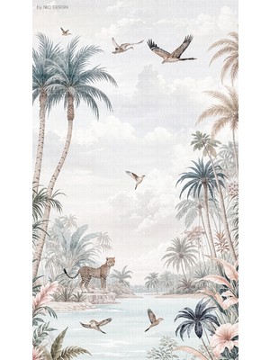 Renkli  Palmiyeler Çita Kuşlar Poster Duvar Kağıdı