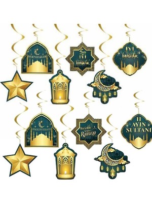 Pandoli 12 Parça Karton Malzeme Iyi Bayramlar ve Hoş Geldin Ya Şehri Ramazan Yazılı Tavan Süsü