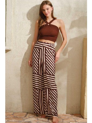 Aesco Boyundan Bağlamalı Kadın Çizgili Yazlık Uzun Ip Detaylı Pijama Takımı Anıl 9815