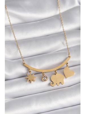 Inure Jewelry 316L Çelik Gold Renk Fil Figür Zirkon Taş Detay Kadın Kolye