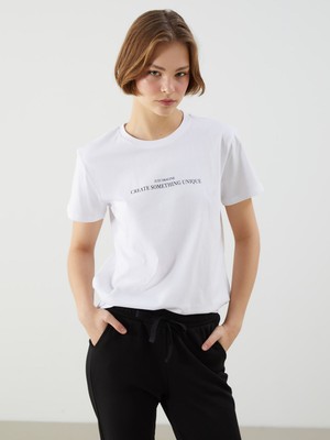 Lc Waikiki Yeni Sezon Bisiklet Yaka Baskılı Kadın Tişört