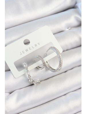 Inure Jewelry Pirinç Zirkon Taşlı Sallantılı Model Gümüş Renk 3'lü Çift Kadın Küpe Set