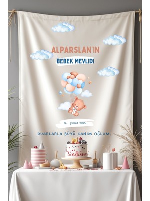 Puppetzzz Kişiye Özel Büyük Ebat Birinci Kalite Kumaş Bebek Mevlidi Duvar Örtüsü Flama Halısı Mevlüt