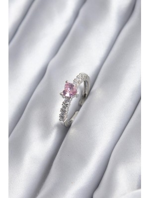 Inure Jewelry Gümüş Renk Zirkon Taşlı Pembe Kristal Kalp Model Kadın Yüzük