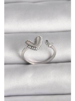 Inure Jewelry Pirinç Gümüş Renk Beyaz Mineli Inci Detaylı Kalp Model Ayarlanabilir Yüzük