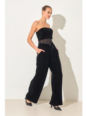 Setre Siyah Belden Korse Detaylı Rahat Kesim Pantolon