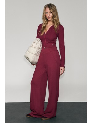 Urban Beat Tullıa Kadın Önü Fermuarlı Baskılı Esnek ve Yumuşak Kumaşlı Slim Fit Bordo Bluz