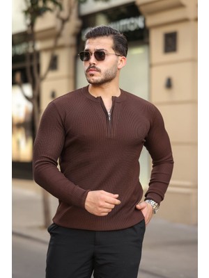 ModaSize Erkek Fermuarlı Bisiklet Yaka Dokulu Uzun Kollu Triko