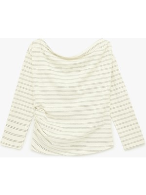 Koton Drapeli Uzun Kollu Asimetrik Yaka Çizgili Tişört