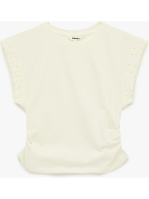 Koton Pamuklu Kısa Kollu Bisiklet Yaka Inci Işleme Detaylı Tişört