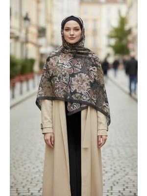 Çiçek Desenli Kehribar Şal 70357-01 Siyah