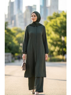 Aerobin Kumaş Tunik Pantolon Ikili Takım 4142-06 Koyu Yeşil
