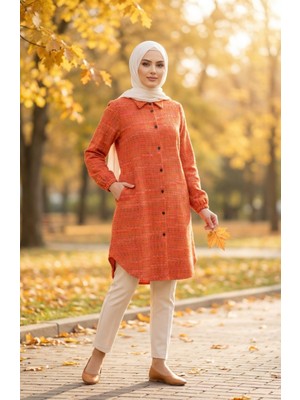 Boydan Düğmeli Oduncu Kışlık Tunik 2506-05 Kiremit