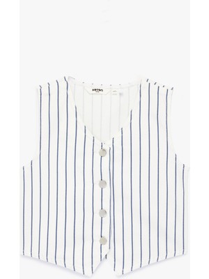 Koton Pamuklu Kolsuz V Yaka Çizgili Denim Yelek