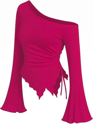MiraLive Kadın Fuşya Uzun Ispanyol Kollu Asimetirik Yaka Yandan Bağlamalı Drapeli Bluz