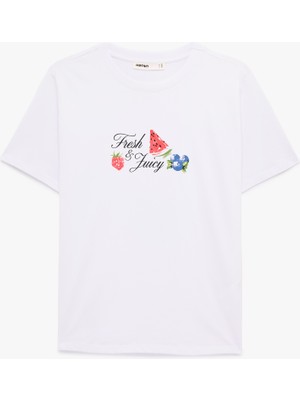 Koton Pamuklu Kısa Kollu Bisiklet Yaka Karpuz ve Çilek Baskılı Tişört