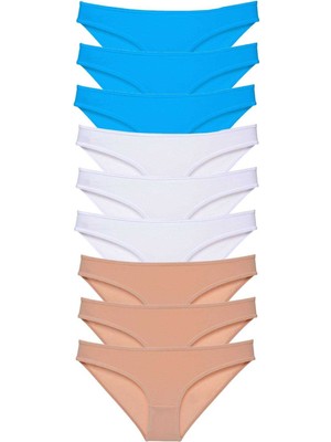 ModaSize 9 Adet Süper Eko Set Likralı Kadın Slip Külot Ten Beyaz Mavi
