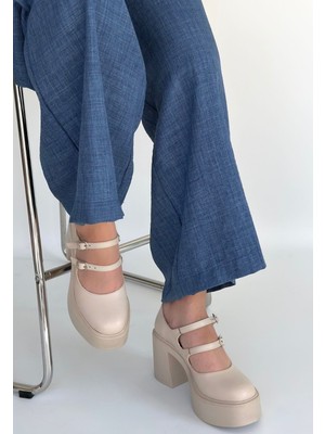 Erbilden Jarlo Bej Cilt Dolgu Topuk Ayakkabı