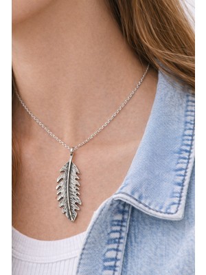 Herşey Nota Doğal Yaprak Formlu Gümüş Renk Metal Tasarım Unisex Günlük Kolye