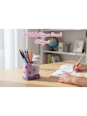 Dekoratif Kedi Figürlü Kalemlik ( Lila )