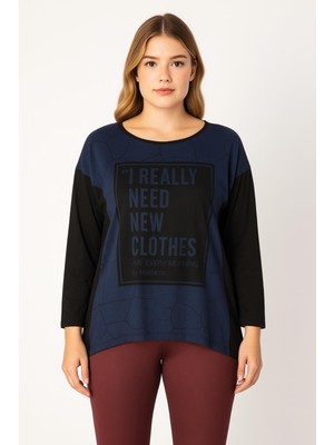 Şans Kadın Büyük Beden Saks, Baskılı Iki Renk Bluz 65N39266