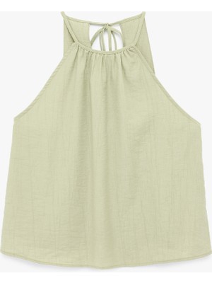 Koton Viskon Karışımlı Kolsuz Bağlama Detaylı Dokulu Halter Yaka Bluz