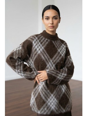 Sherin Kahve Ekoseli Oversize Triko Kazak