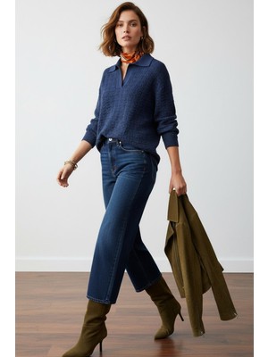 Sherin Lacivert Polo Yaka Oversize Triko Kazak