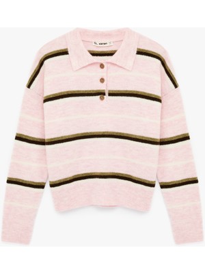 Koton Düğmeli Uzun Kollu Polo Yaka Çizgili Triko Kazak